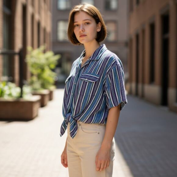 At Last & Co Y2K 90s Striped Tie Front Crop Top Women's XL Western Boho - Picture 1 of 6